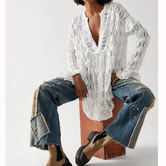 Free People Candy Shop Tunic Brown Lace Blouse Small - Picture 12 of 15